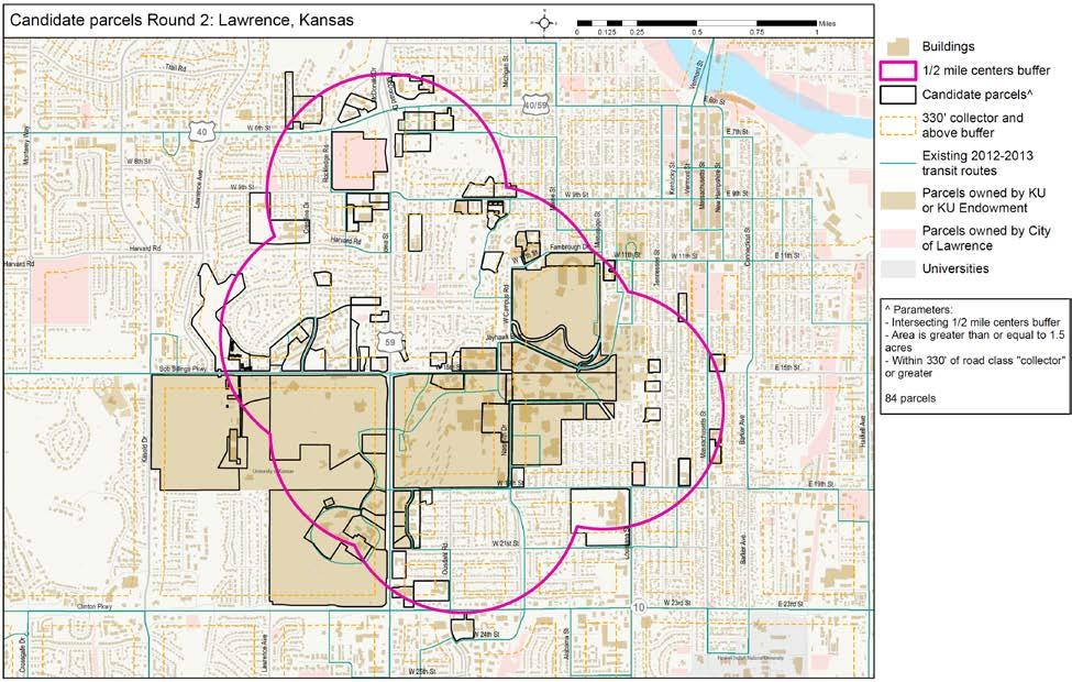 Round 2 of the GIS process selected of those 116 parcels, only those parcels that were within 330 feet (half a block) of road classified as collector or higher.