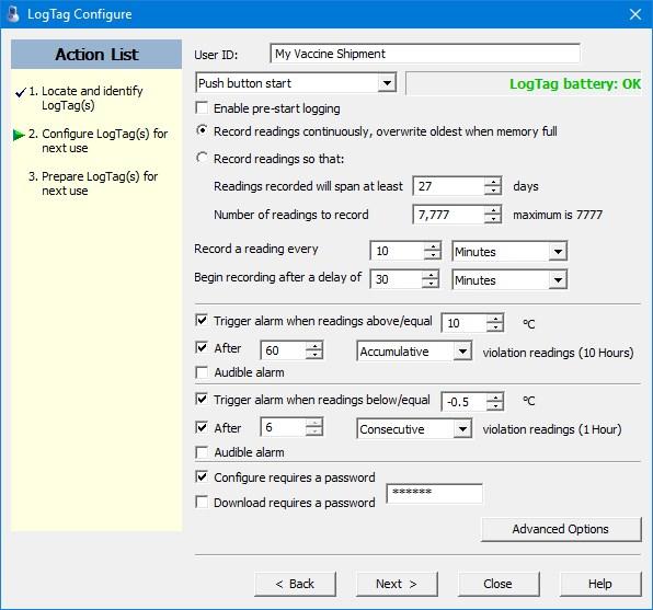 Standard Configuration Options The standard configuration options are very similar to those of other LogTag recorder products and include settings such as User ID, start method, pre-start recording,