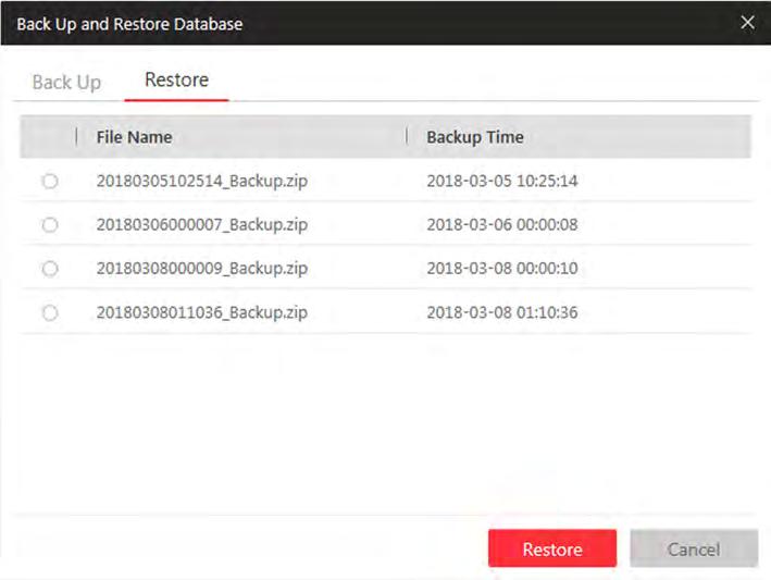 Figure 21-2 Database Restore 4. Click Restore to confirm the database recovery.