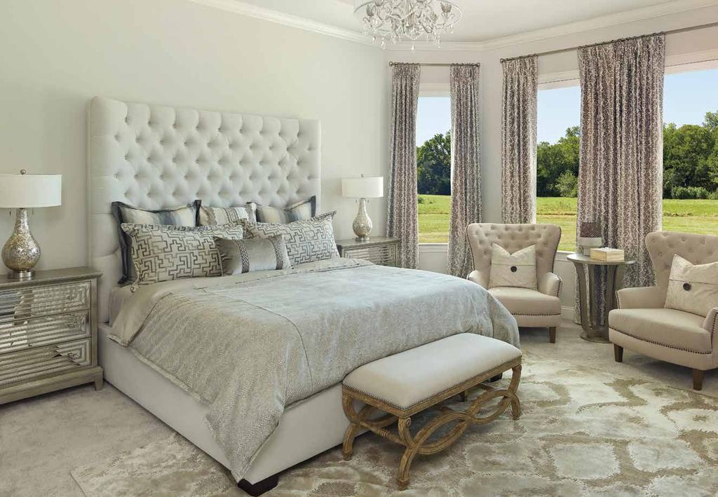 But the real showstopper in the 238 For the master bedroom, a monochromatic, soft, spa-like ambience was requested. The custom bed was made by JC s Upholstery.
