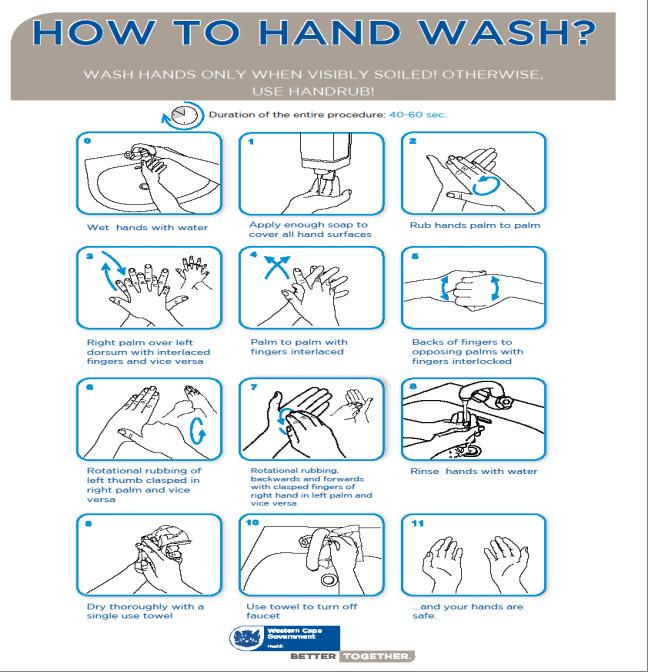 Handwashing: Antiseptic hand wash (see figure above) Remove jewellery from hands and forearms except wedding band. If long sleeves are worn roll up sleeves above the elbows.