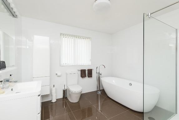 shower unit and wall mounted telephone shower attachment; glass shower screen; towel radiator;