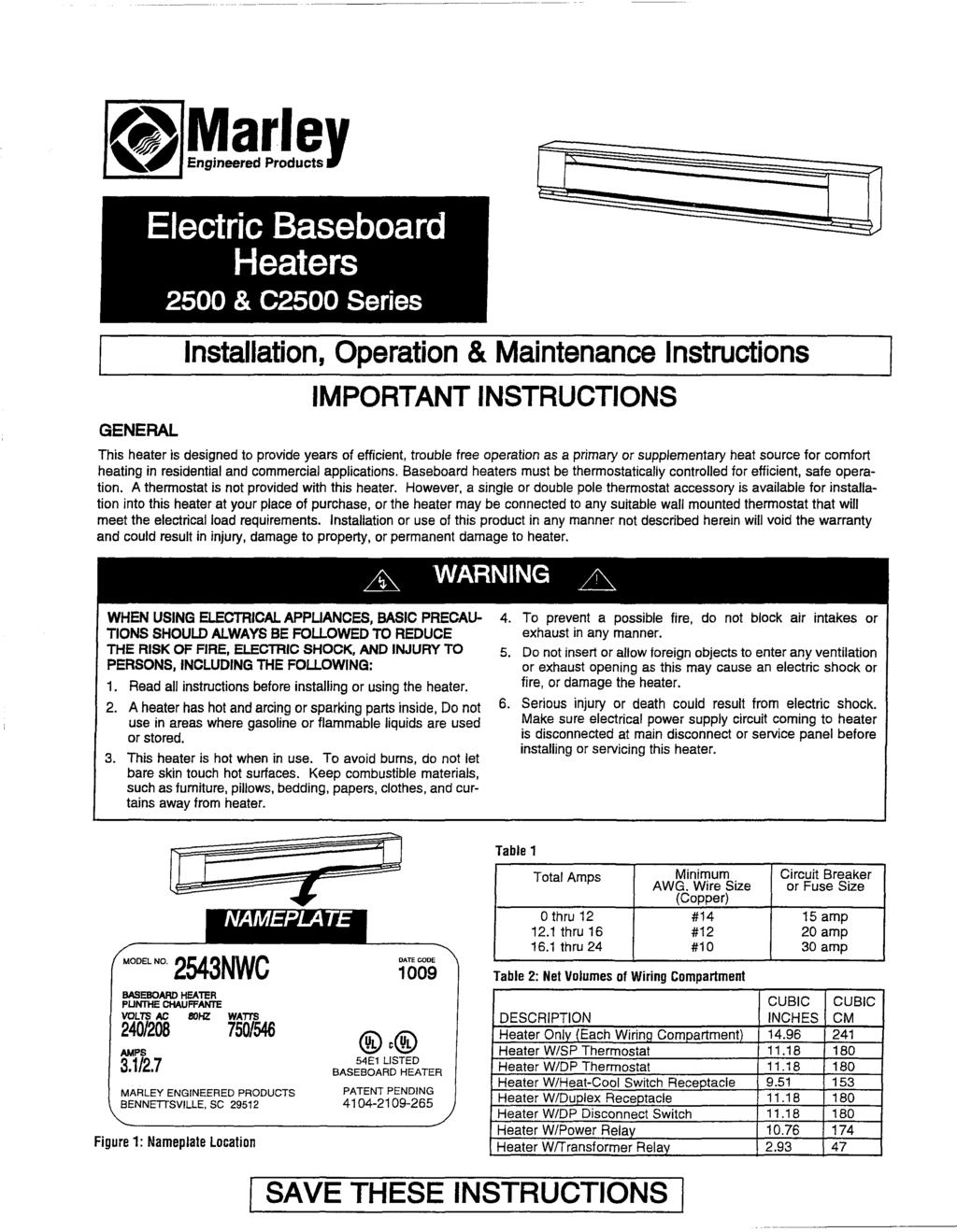 GENERAL Electric Baseboard Heaters 2500 & C2500 Series i-::lo.
