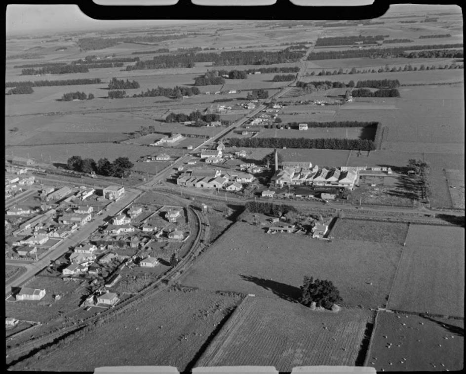 Aerial view of Edendale in 1956 with the station and dairy factory