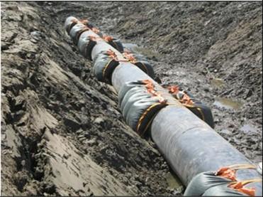 They consist of two lobes with multiple chambers, lying on opposite sides of the pipeline, which are secured by connector straps that fit tightly over the saddle of the