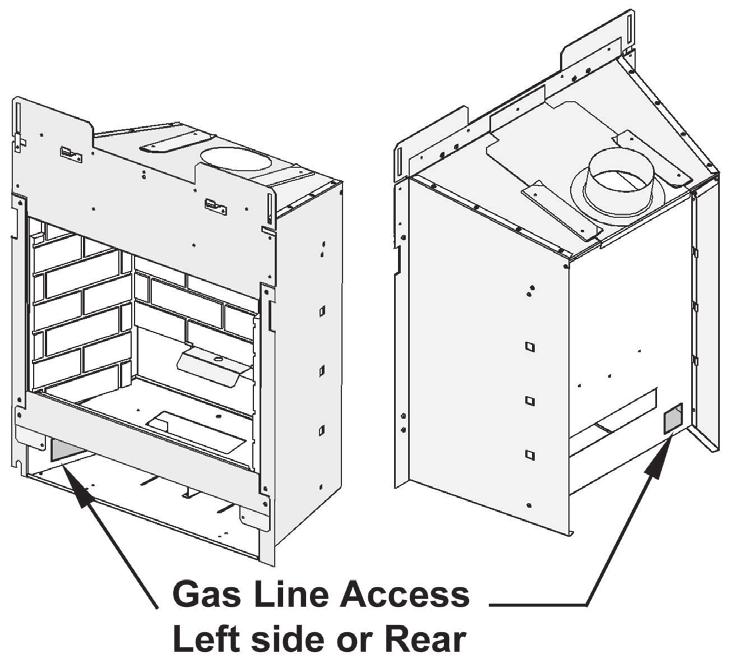 Gas Supply Installation The appliance is supplied for supply gas connection at the left hand side of the case. There is also a gas line access at the rear of the firebox for insert applications.