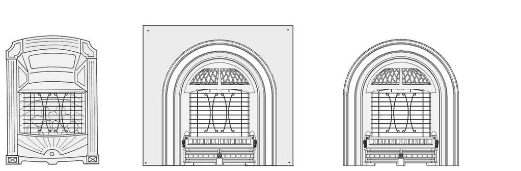 Options Fronts (required) 923ACF Adorn Cast Front. 539 or 549 Cast Iron Arch Fronts Also require #540WDK Wire Dress Guard, supplied separately.