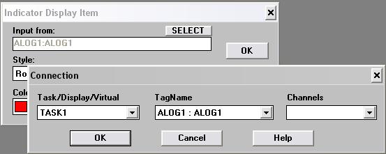 5.5 pav. Sujungti TAG ir signalizacijos blokai 5. Spragtelkite indikatorių ir susiekite jį su signalizacijos bloko iš TASK1 išėjimo reikšme (5.6 pav.) 6. pav. Indikatoriaus suderinimas Patartina įterpti dvi tekstines korteles nurodančias apatinę ir viršutinę signalo ribas (5.