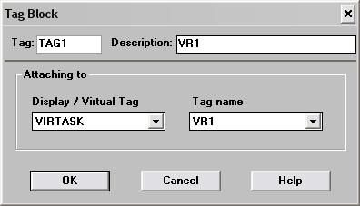 7.4 pav. TAG bloko susiejimas su virtualiuoju Tag Display/Virtual tag lauke pasirinkite VIRTASK, Tag name lauke pasirinkite VR1. 4.