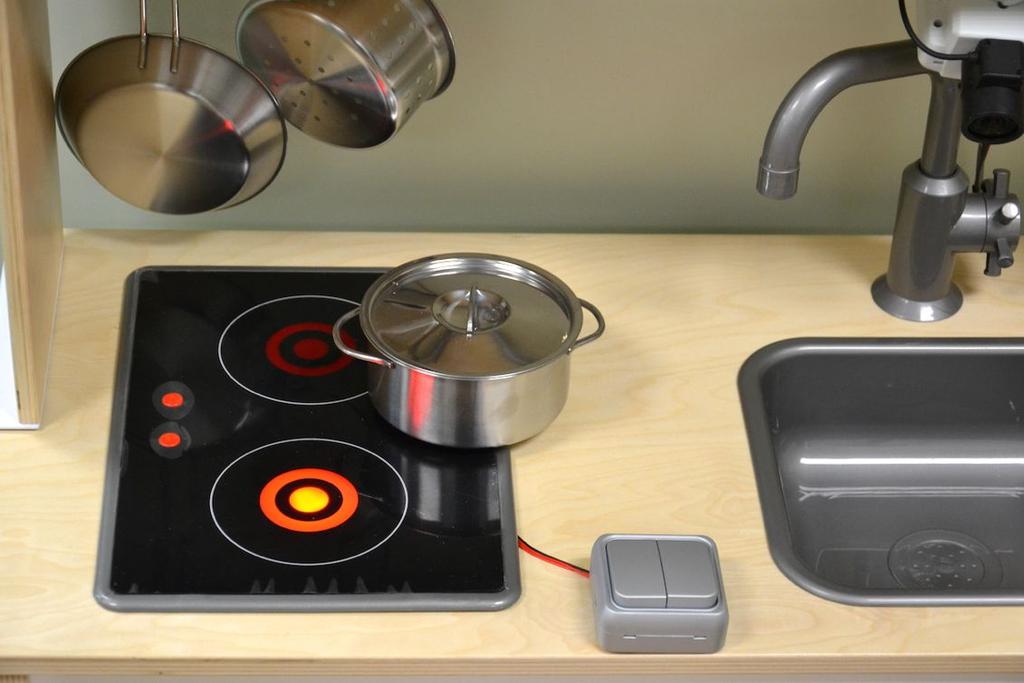 The fire In the kitchen working surface there is a panel with two independent electric fires. Each of them consists of a small circle of radius 2 cm and a ring (inner radius 1.8 cm, outer radius 2.