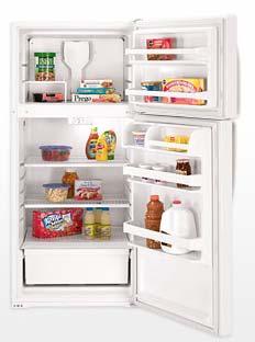 ET5WSEXS white Whirlpool 14.5 Cu. Ft. Top-Freezer Refrigerator Gallons of milk, juice, ketchup bottles and mayo.