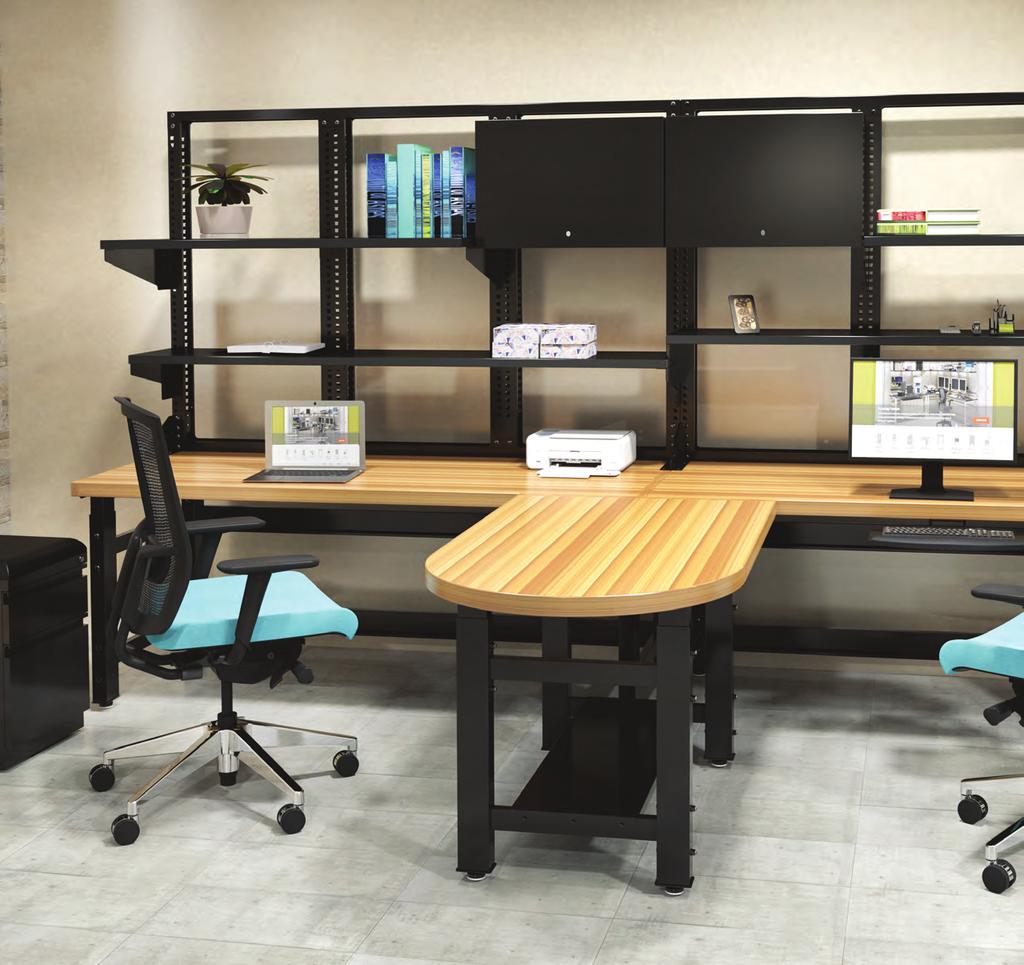 TECHWORKS Two TechWorks rectangular benches connected side-to-side with a shared peninsula table, all with Butcher Block laminate worksurfaces and Textured Black painted frames.