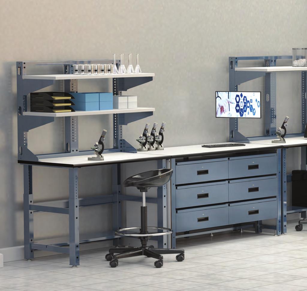 TECHWORKS TechWorks benching system in Blue Medium painted frames with Designer White HPL laminate worksurface with Black edge, and with organizer frames and shelves.