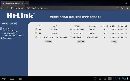 10. Click on the SCAN button to the right of the SSID cell with Brew-Boss in it as shown above. 11. You will be presented with a list of wireless networks within range of the Hops-Boss controller.