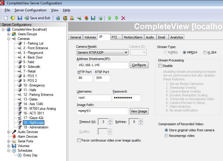 Setup the SightLogix Sensor s Video in CompleteView Please refer to the CompleteView Administrator Manual for detailed server and recording configuration. 1.