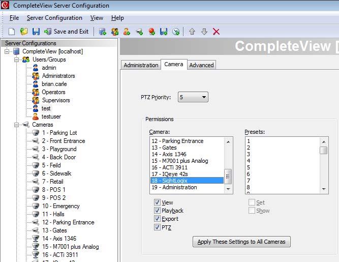 Using CompleteView Server Configuration setup a user account for the SightLogix Sensor which will be used when sending event information. a. From CompleteView Server Configuration add a new user.