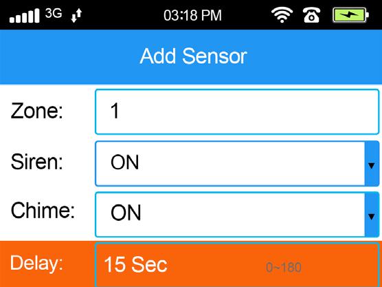 Main Menu -> Sensors -> Sensors -> Zone -> Sensors -> Edit Editing a sensor s settings The delay setting is on the second page A 15-second delay has been set for this sensor.