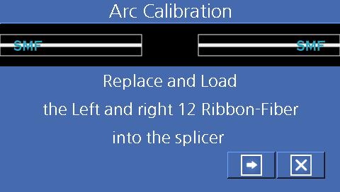 1 Select [discharge calibration] in the [Splice menu] to open discharge calibration screen. 2 Place the fiber to splice on the splicer In general, SM or DS fibers are used for discharge calibration.