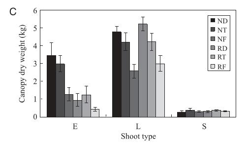 No effect on short shoots Epicormic shoots are sensitive to crop load in both their nb of nodes and dry