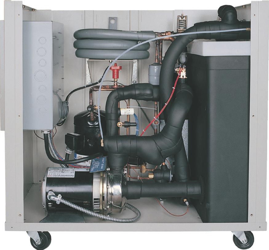 Features 03 01 Stainless steel brazed plate evaporator provides high efficiency heat transfer 02 Insulated polyethylene reservoir with removable cover 04 01 02 03 Water-cooled units have cleanable