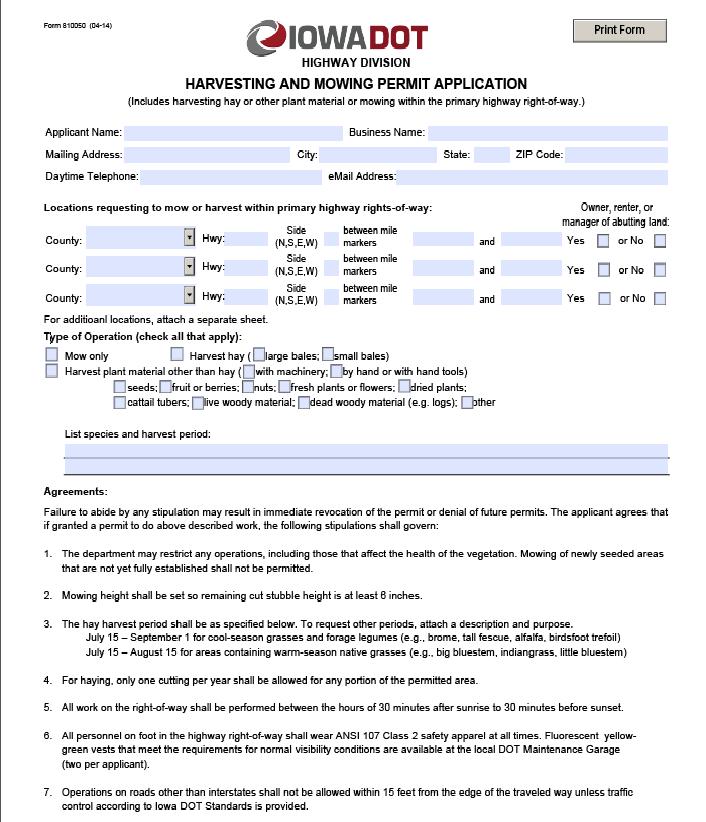 Iowa DOT Harvesting and Mowing Permit Application (2008) Haying Mowing Seed Collecting