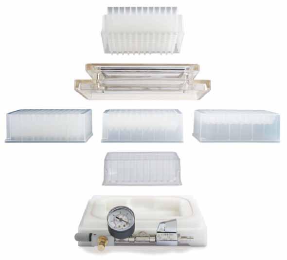 system: Manifold from clear acryl for easy handling Plates from 100% polypropylen prevents conatimation 3 standard sizes (350 µl, 1 ml and 2 ml) for optimal
