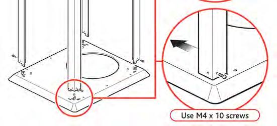 1. Insert the four corner supports into the base panel. Secure with one screw to the bottom of each upright. BASE CABINET ASSEMBLY 2.