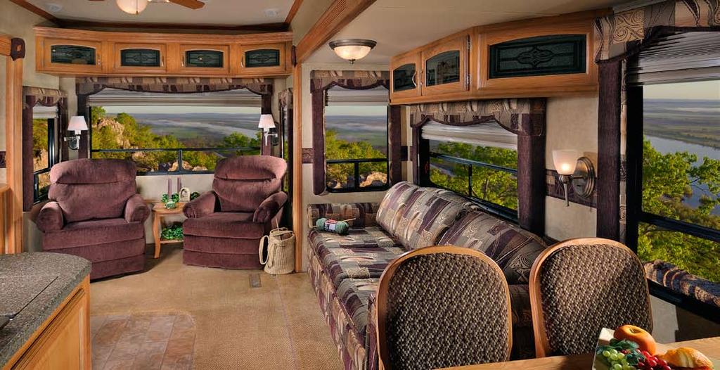 The rear lounge area of this 30FRL model provides unmatched comfort and style in a fifth wheel that s easy to tow