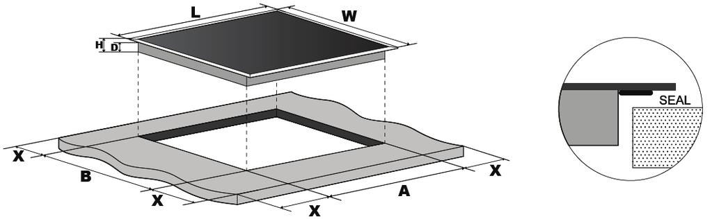 Installation Selection of installation equipment Cut out the work surface according to the sizes shown in the drawing.