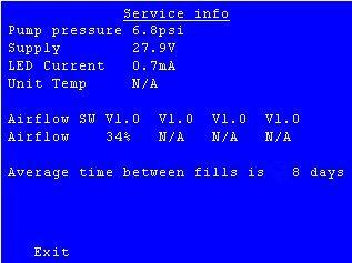 Pressing Exit leaves this display without changing the code. Record the User Security code here: User Code 3.2.7 Service Information Acceptable Values: Pump Pressure - > 5.