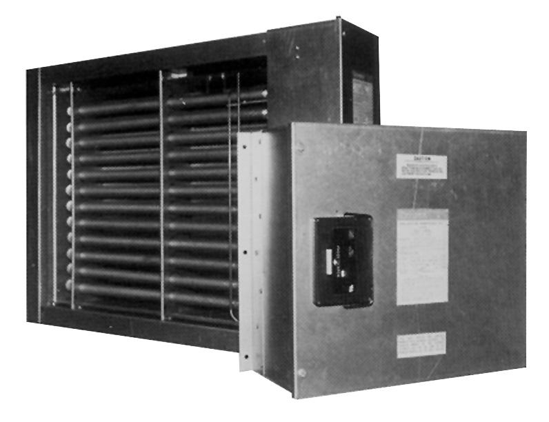 The heater is constructed with individual metal sheath fintube elements mounted to a heavy gauge metal terminal box.