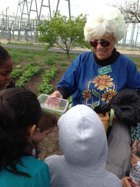 Betty Hughes shared asparagus bits with one group as they approached the asparagus bed.