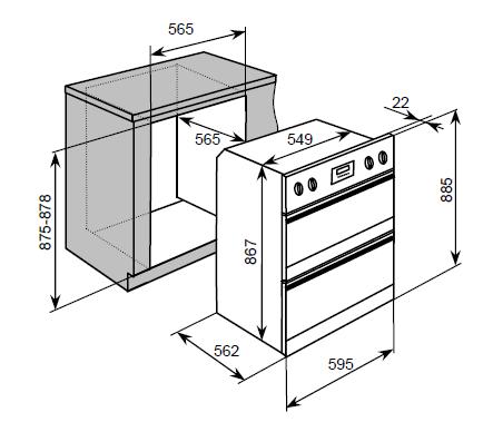 Installing the oven into the kitchen cabinet Positioning the appliance o Ensure that the aperture that you will be fitting the oven into is of the size given in the above diagram.