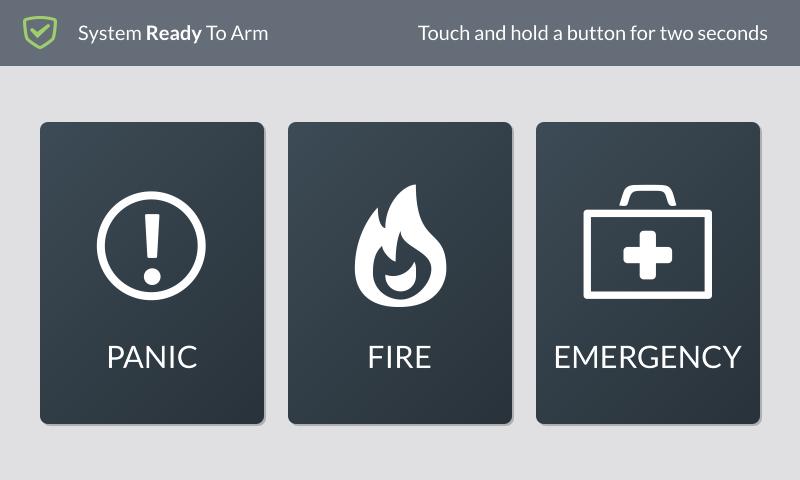 This means you must first press the Alarm button on the panel and then touch and hold the appropriate alarm button on the touchscreen.