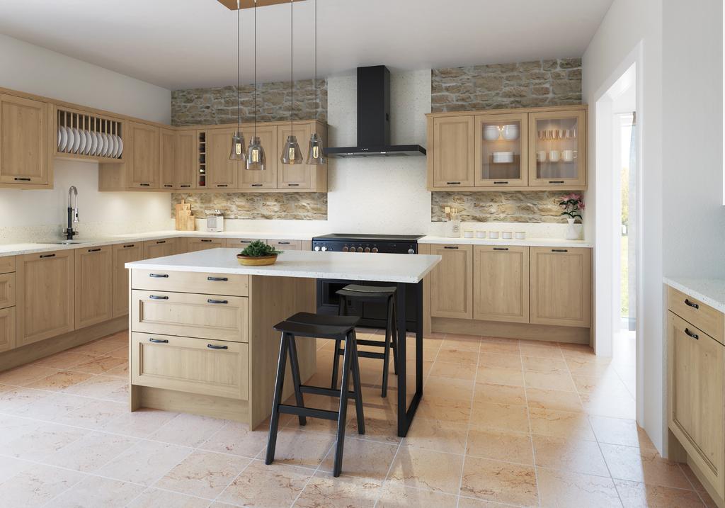 With a light oak finish and veneered centre panel with stepped detail, the Leyburn Oak provides a rustic space to cook and enjoy hearty meals with all the family.