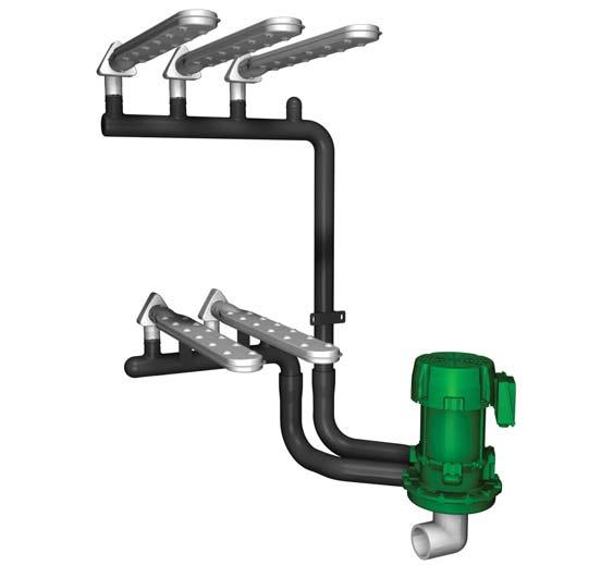Conventional pumps have one inlet and one outlet, the pressurised output fl ow is distributed to supply the upper and lower spray arms through a Tee joint; DuoFlow has instead one inlet and two