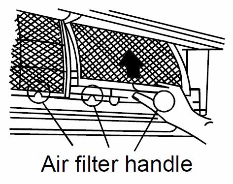 2. Take hold of the handle of the air filter and lift it up slightly to take it out from the filter holder, and then pull it downwards. 3. Remove the AIR FILTER from the indoor unit.