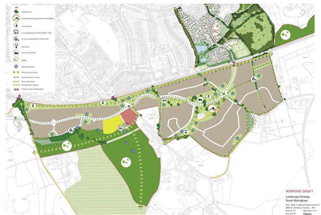 06 GREEN INFRASTRUCTURE / LANDSCAPE The existing key landscape features identified across the site are: Existing hedgerows, mature woodland blocks and trees; Emm Brook water source; network of public