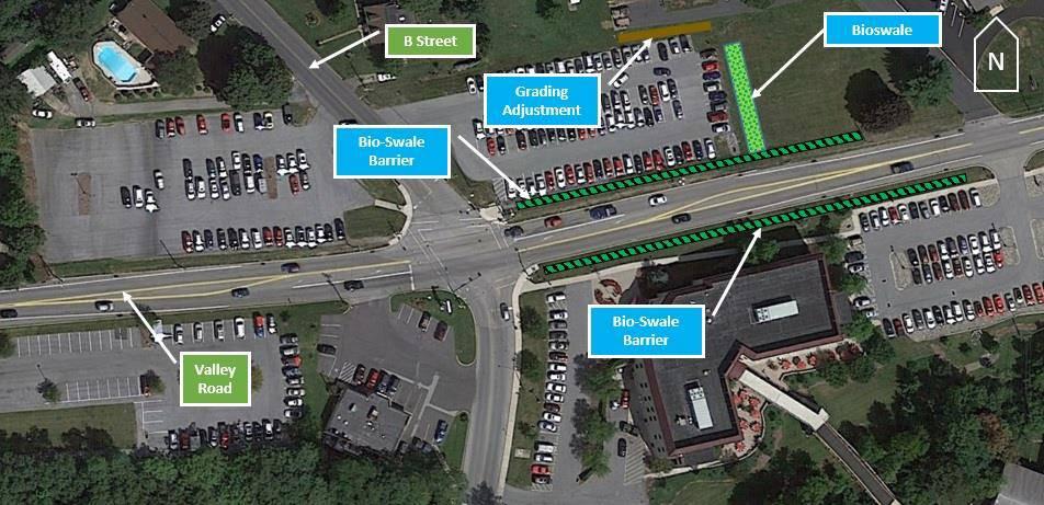 Recommended Improvements: E1. The College should install a physical barrier to channelize, or encourage pedestrians to cross Valley Road at its signalized intersection with B Street.