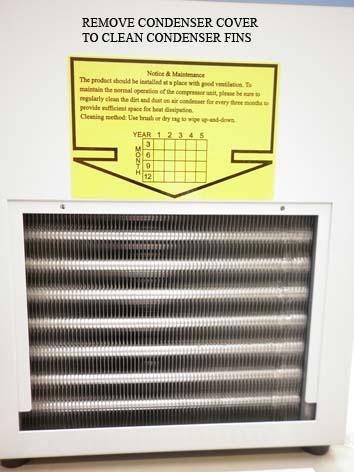 Procedure for cleaning the condenser: The condenser is located at the front of the bath. Access is gained by removing the front ventilation panel; this can be removed by unscrewing 2 screws.