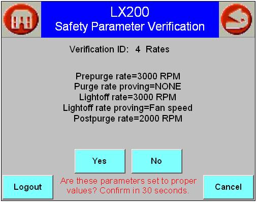 After any safety parameter is changed, the controller enters a Lockout 2 waiting for safety data verification state: burner operation is suspended, the Alarm LED on the Trinity Tft/Lx controller is