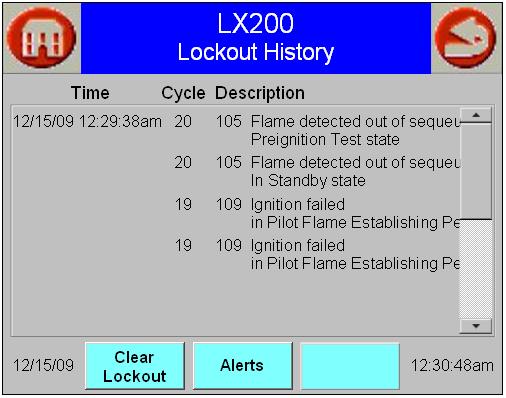 Trinity Controller and Touchscreen Display Tft/Lx Series History Page The Tft/Lx controller identifies and records two kinds of events and categorizes them as either Lockouts or Alerts.