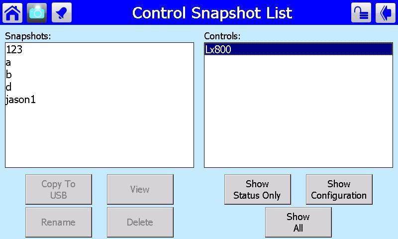 Trinity Controller and Touchscreen Display Tft/Lx Series Control Snapshot Figure 9-4 Control Snapshot The Control Snapshot page is used to copy controller status and configuration data to the