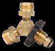 Propane Stay A While Tee Stock # - F273752 UPC - 089301737525 (Excess Flow Soft Nose POL x 1-20 Male Throwaway Cylinder Thread x Female POL with Acme Thread x 1/4 Inverted Female Flare) - Connects