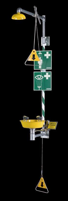 Model 3878 Krusman safety station, tempering on eyewash Krusman wall mounted safety station with tempering on eyewash, galvanized steel pipes, green/white stripe and shower head in powder-coated