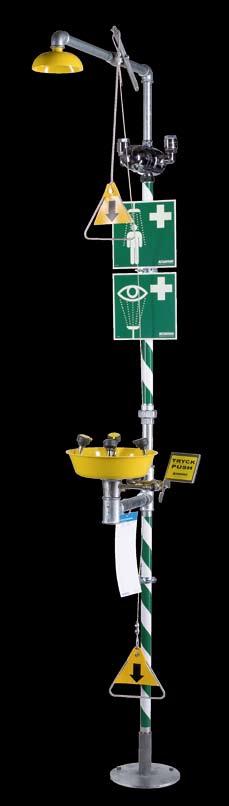 Model 3882 Krusman safety station, tempering on body/eye Krusman free standing safety station with tempering, galvanized steel pipes, green/white stripe and shower head in powder-coated stainless