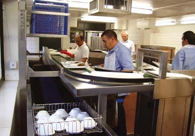 Staff takes the dishes from the trays and places them in the baskets positioned below. Personnel can stand up straight while sorting the dishes.