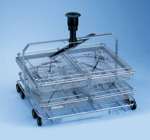 Surgical instruments E 327 mobile unit For use on PG 8535, PG 8536 For 4 DIN mesh trays on 2 levels Built-in spray arm Vertical clearances from bottom: Level 1: H 112, W 520, D 510 mm