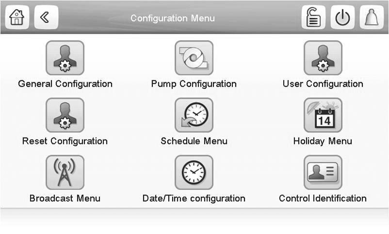 4 - TOUCH PILOT CONTROL INTERFACE 4.9 - Configuration menu The Configuration menu gives access to a number of user-modifiable parameters such as pump configuration, schedule menu, etc. 4.10 - Override screen The override screen provides the option to issue the command overriding the current operation of the unit.