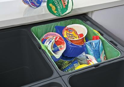 Choice of individual bin lids or cover plate. Bins are food safe and can also be used for storage. Min. 15 Cabinet width 15.